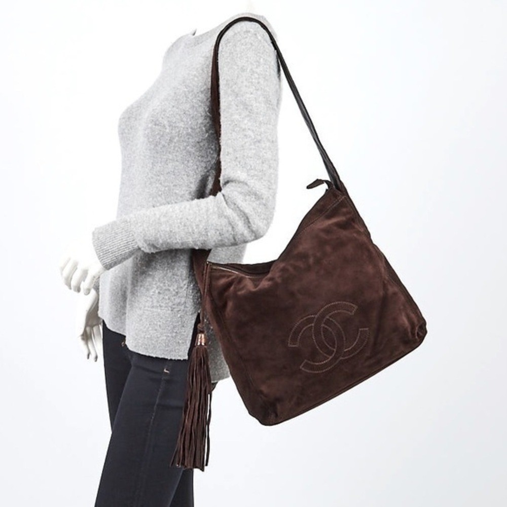CHANEL Suede Chocolate Brown CC Logo Tassel Shoulder Bag